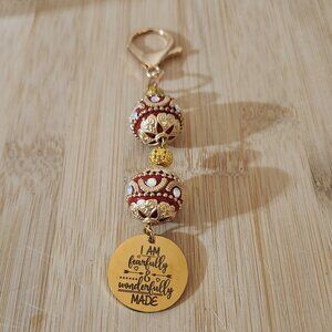 Hand Crafted Purse Bag Charm Beaded with Pendant Red Gold 5 Inches
